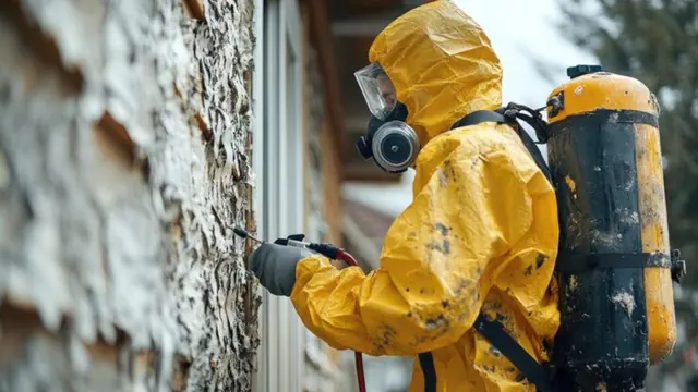 Worker in a yellow protective suit and respirator treating a mold-damaged exterior wall