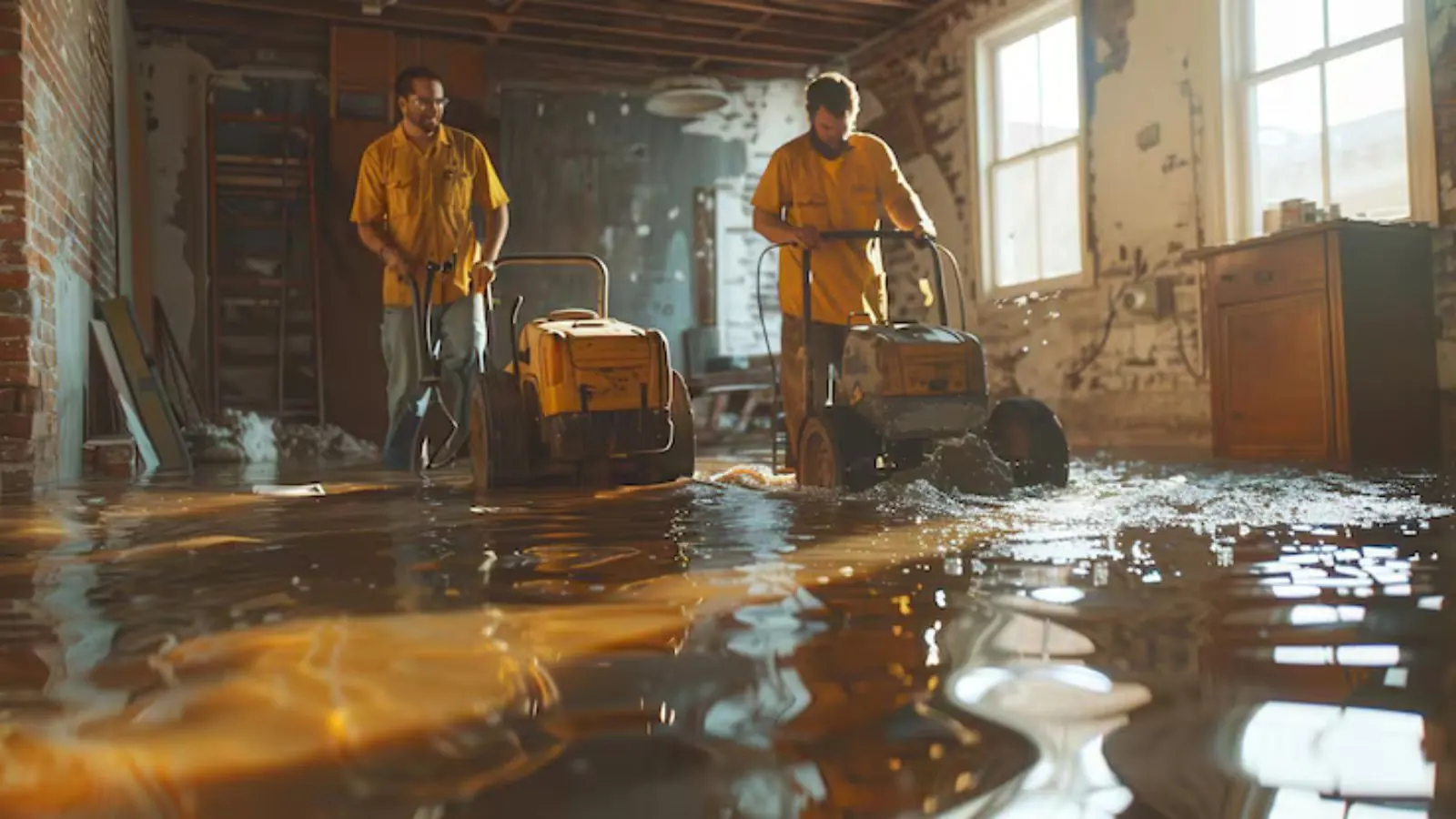 Two technicians in yellow shirts running extraction machines through floodwater in a room