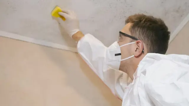 Person in a mask and protective suit wiping mold from a ceiling edge