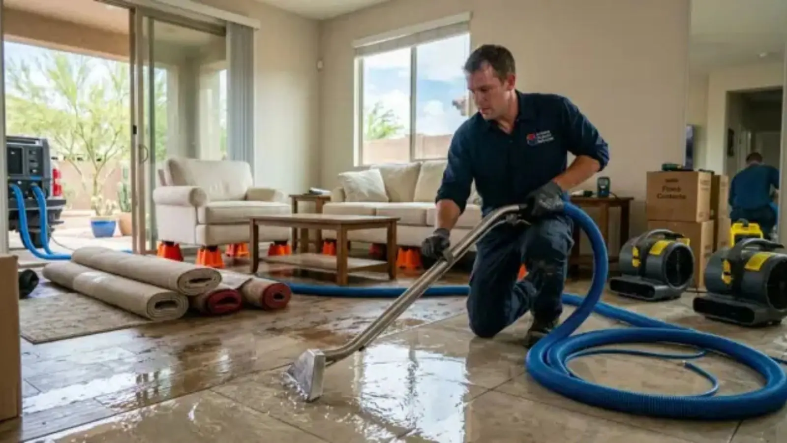 Technician using a water extraction wand with a hose and air movers in a living room