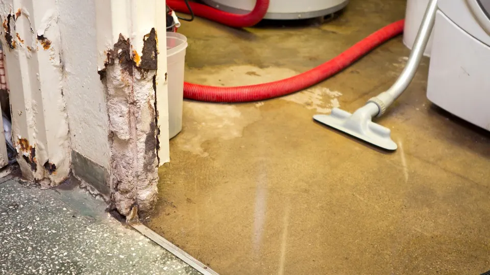Wet vacuum cleaning a stained basement floor beside a corroded column