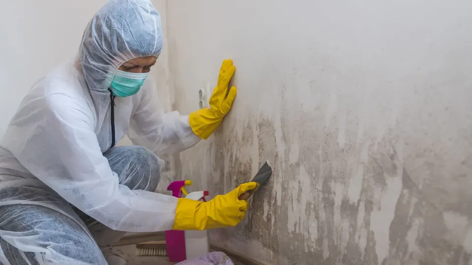 Technician in protective gear and gloves inspecting a mold-stained wall
